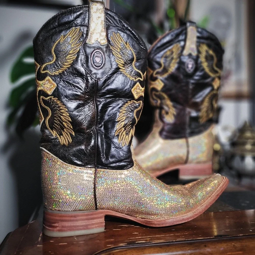 Vintage Y2K Black Stone Cowboy Boots Eagle Sequin Western Mexico Leather Mens 11